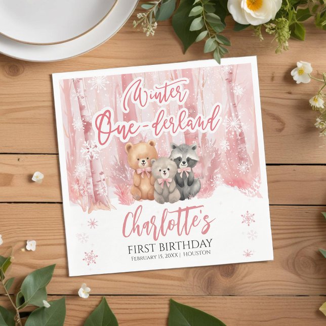 Winter Onederland Bear Pink First Birthday Party Napkin (Creator Uploaded)
