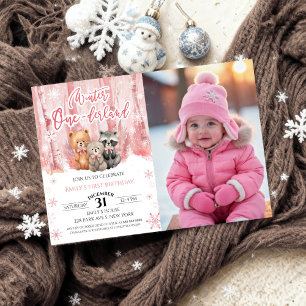Winter Onederland Bear Pink First Birthday Photo Invitation