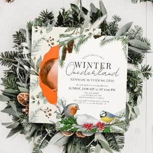 Winter Onederland Birds & Snow 1st Birthday Photo Invitation