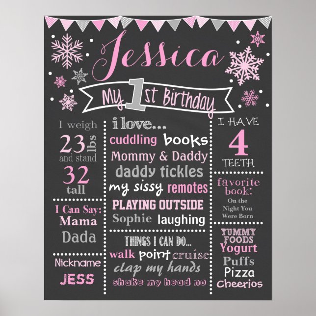 Winter Onederland Birthday Chalkboard - Girl Poster (Front)