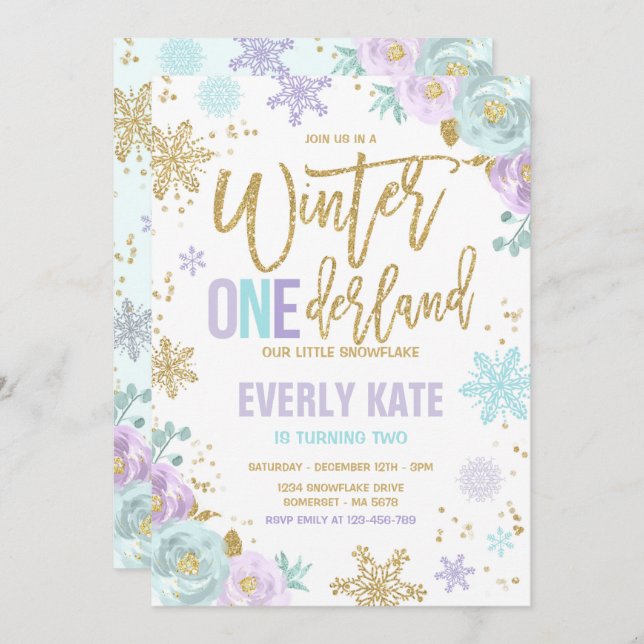 Winter ONEderland Birthday Gold Purple Snowflake Invitation (Front/Back)
