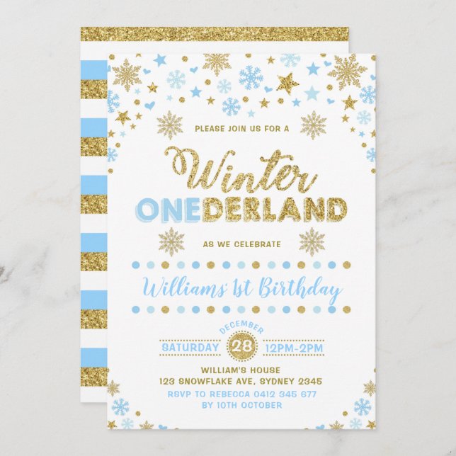 Winter ONEderland Birthday Invitation Blue Gold (Front/Back)