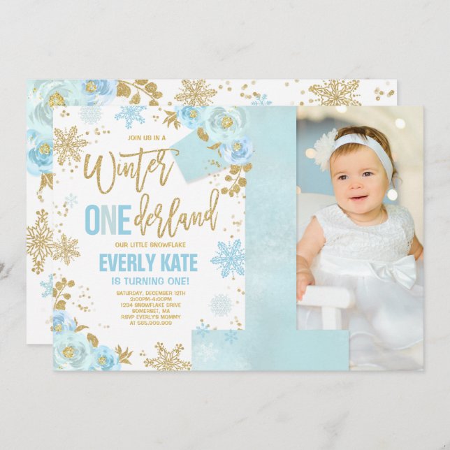 Winter ONEderland Birthday Invitation Blue Gold (Front/Back)