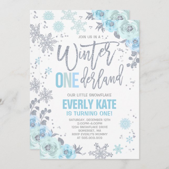 Winter ONEderland Birthday Invitation Blue Silver (Front/Back)