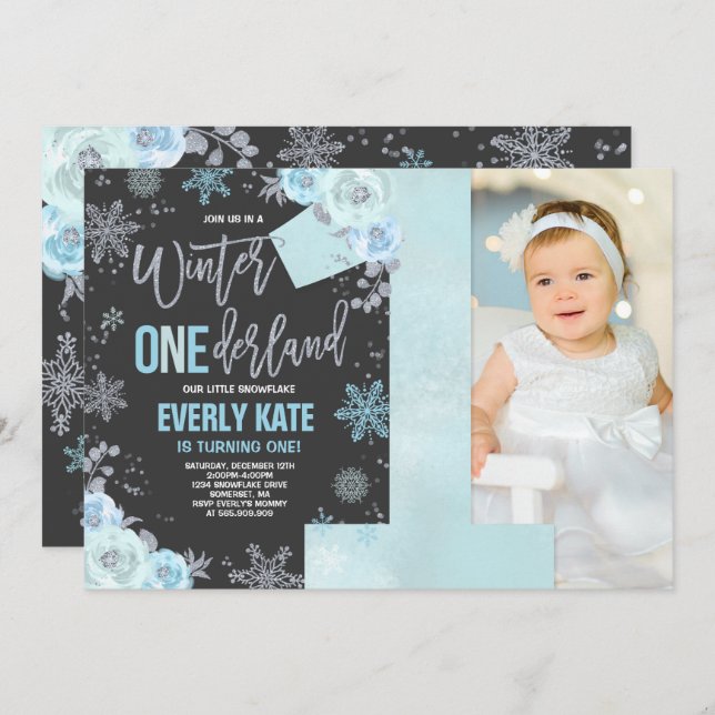 Winter ONEderland Birthday Invitation Blue Silver (Front/Back)