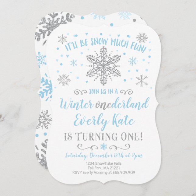 Winter ONEderland Birthday Invitation Blue Silver (Front/Back)