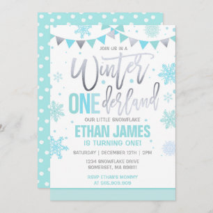 Winter ONEderland Birthday Invitation Blue & Teal