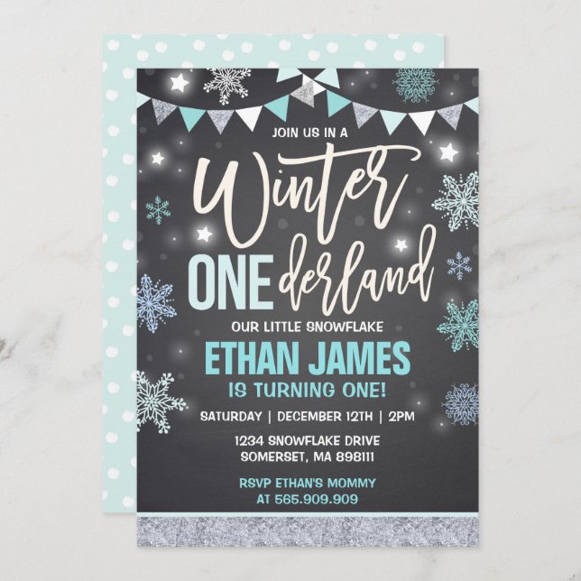 Winter ONEderland Birthday Invitation Blue & White (Front/Back)