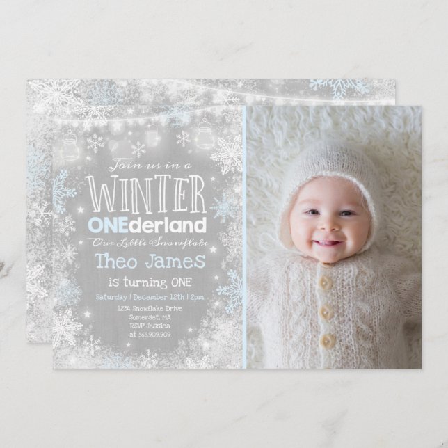 Winter ONEderland Birthday Invitation Blue White (Front/Back)