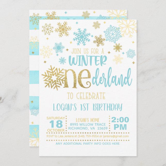 Winter ONEderland Birthday Invitation - Boy - WB (Front/Back)