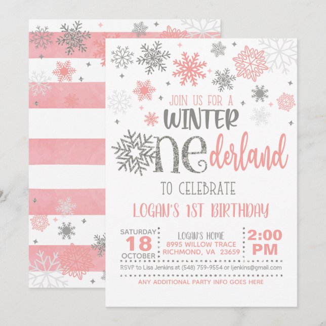 Winter ONEderland Birthday Invitation - Girl - WG (Front/Back)