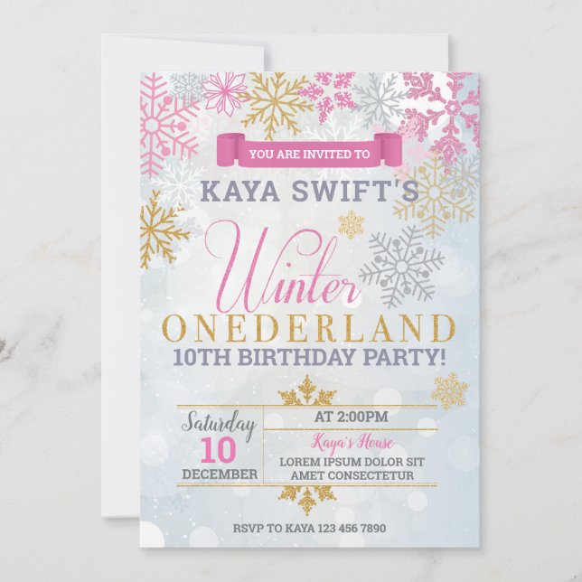 Winter Onederland Birthday Invitation Gold & Pink (Front)