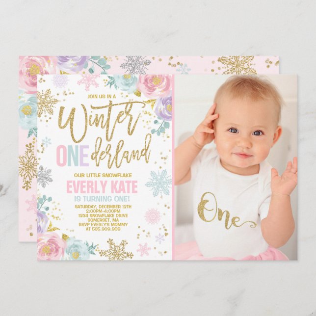 Winter ONEderland Birthday Invitation Pink Gold (Front/Back)
