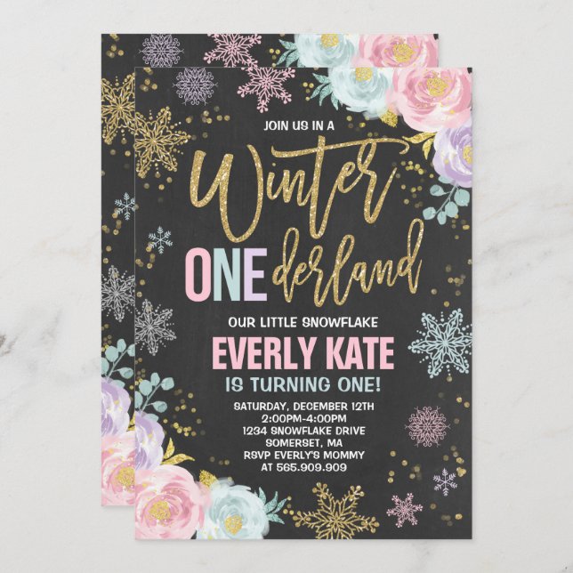 Winter ONEderland Birthday Invitation Pink Gold (Front/Back)