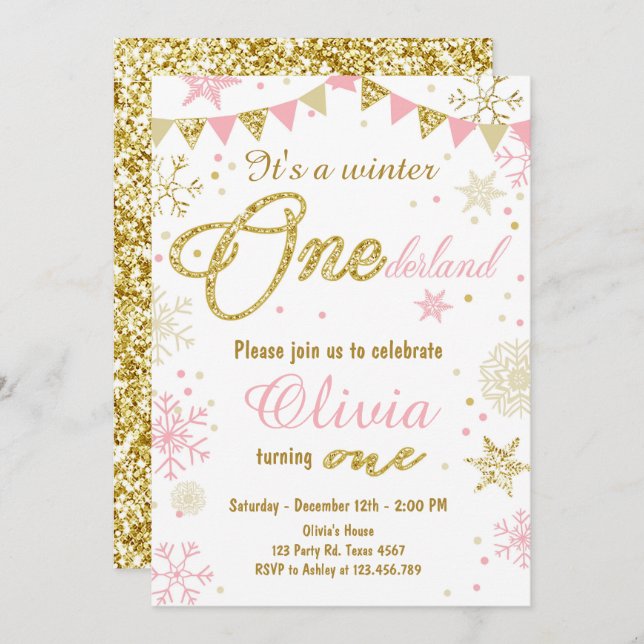 Winter Onederland birthday invitation Pink Gold (Front/Back)