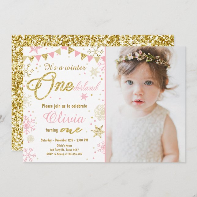 Winter Onederland birthday invitation Pink Gold (Front/Back)