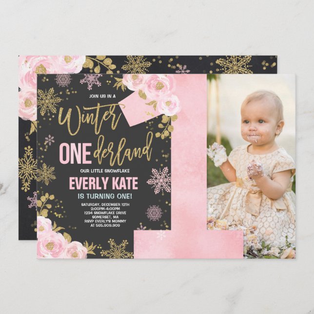 Winter ONEderland Birthday Invitation Pink Gold (Front/Back)