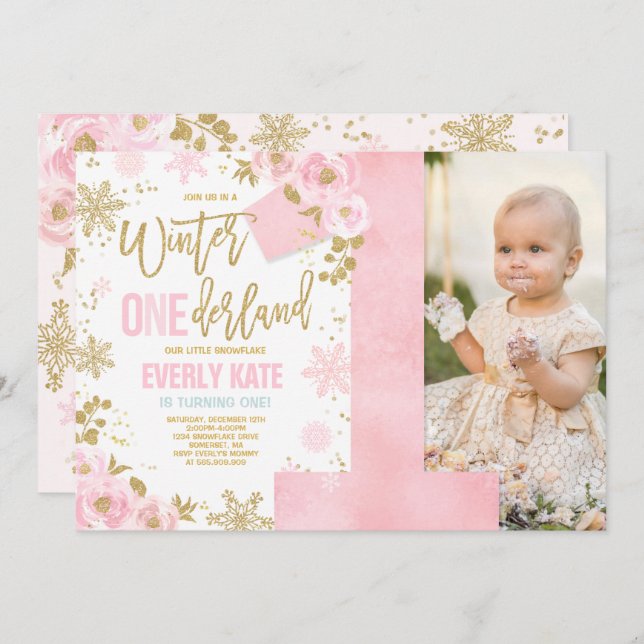 Winter ONEderland Birthday Invitation Pink Gold (Front/Back)