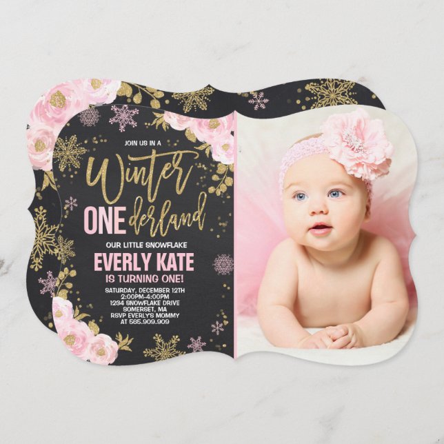Winter ONEderland Birthday Invitation Pink Gold (Front/Back)