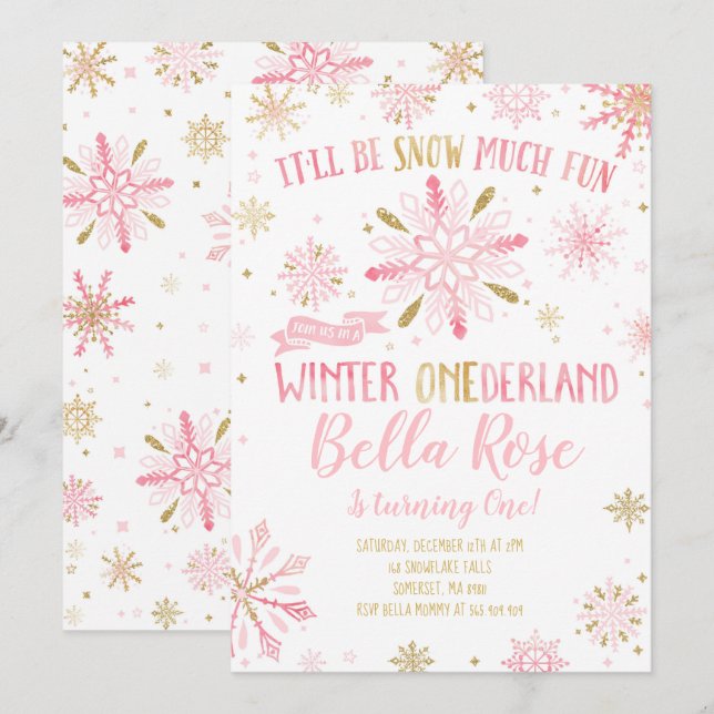 Winter ONEderland Birthday Invitation Pink Gold (Front/Back)