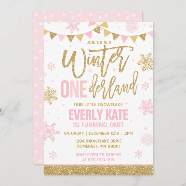 Winter ONEderland Birthday Invitation Pink & Gold (Front/Back)