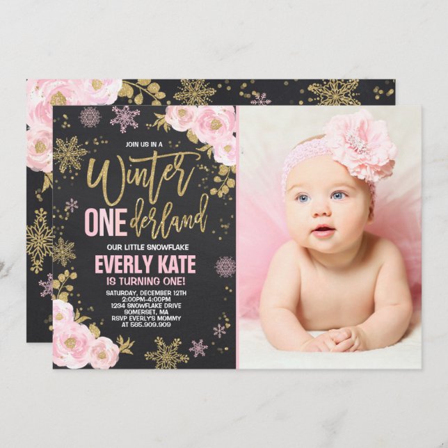Winter ONEderland Birthday Invitation Pink Gold (Front/Back)