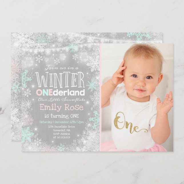 Winter ONEderland Birthday Invitation Pink Mint (Front/Back)