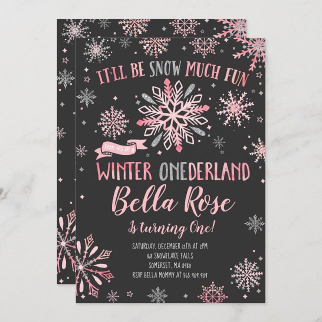 Winter ONEderland Birthday Invitation Pink Silver (Front/Back)