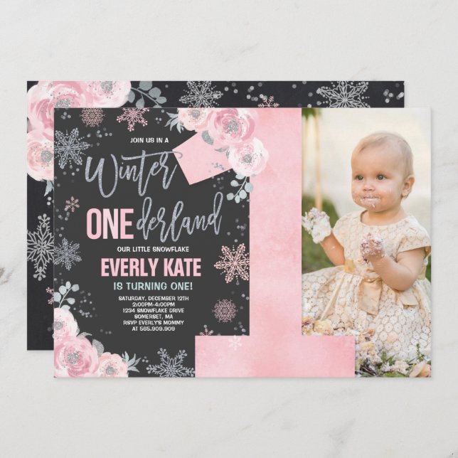 Winter ONEderland Birthday Invitation Pink Silver (Front/Back)