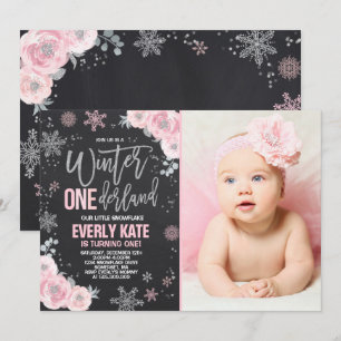 Winter ONEderland Birthday Invitation Pink Silver