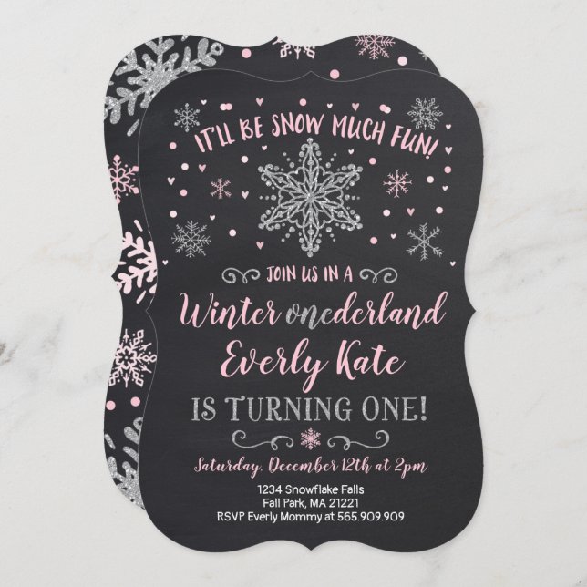 Winter ONEderland Birthday Invitation Pink Silver (Front/Back)