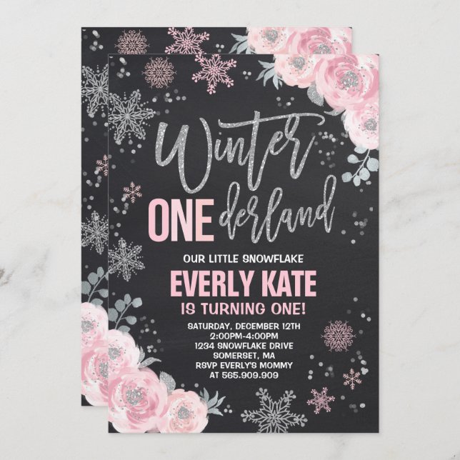 Winter ONEderland Birthday Invitation Pink Silver (Front/Back)