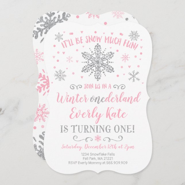 Winter ONEderland Birthday Invitation Pink Silver (Front/Back)