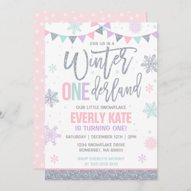 Winter ONEderland Birthday Invitation Pink Silver (Front/Back)