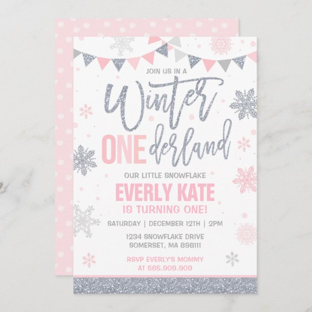 Winter ONEderland Birthday Invitation Pink Silver (Front/Back)
