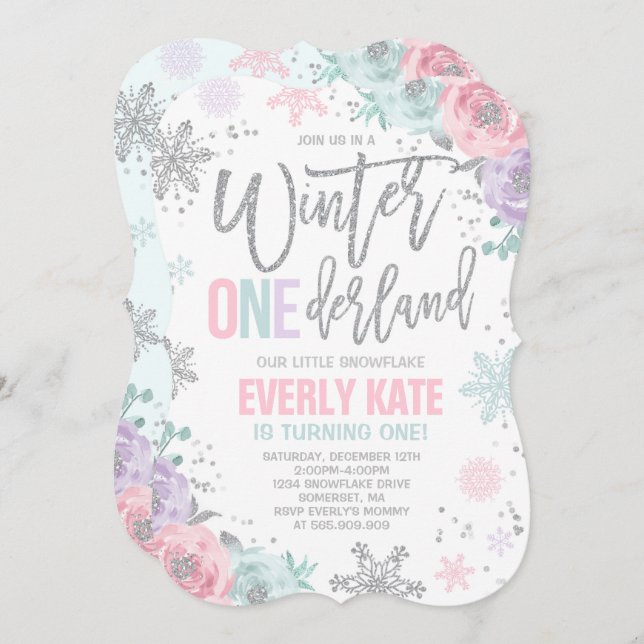 Winter ONEderland Birthday Invitation Pink Silver (Front/Back)