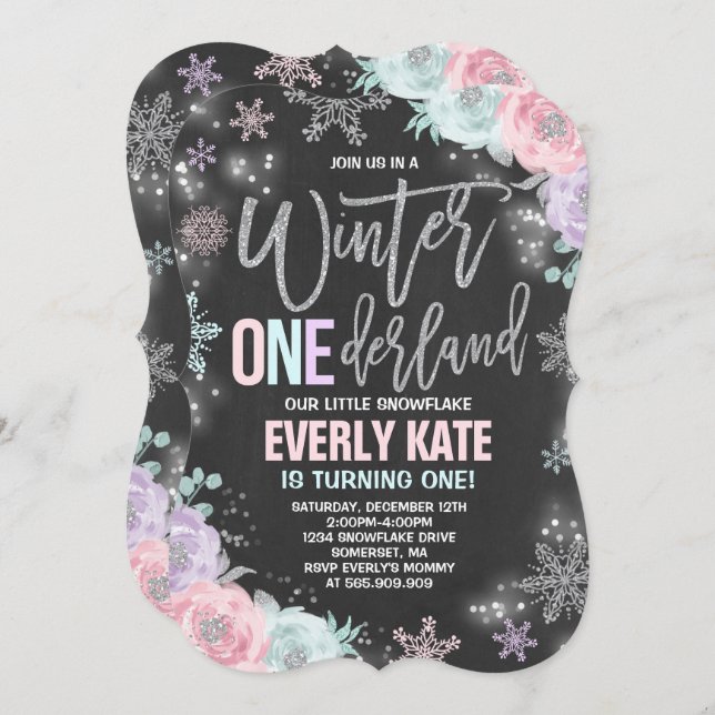 Winter ONEderland Birthday Invitation Pink Silver (Front/Back)