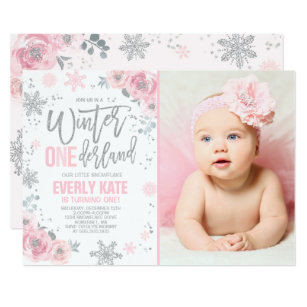 Winter ONEderland Birthday Invitation Pink Silver