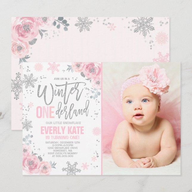 Winter ONEderland Birthday Invitation Pink Silver (Front/Back)