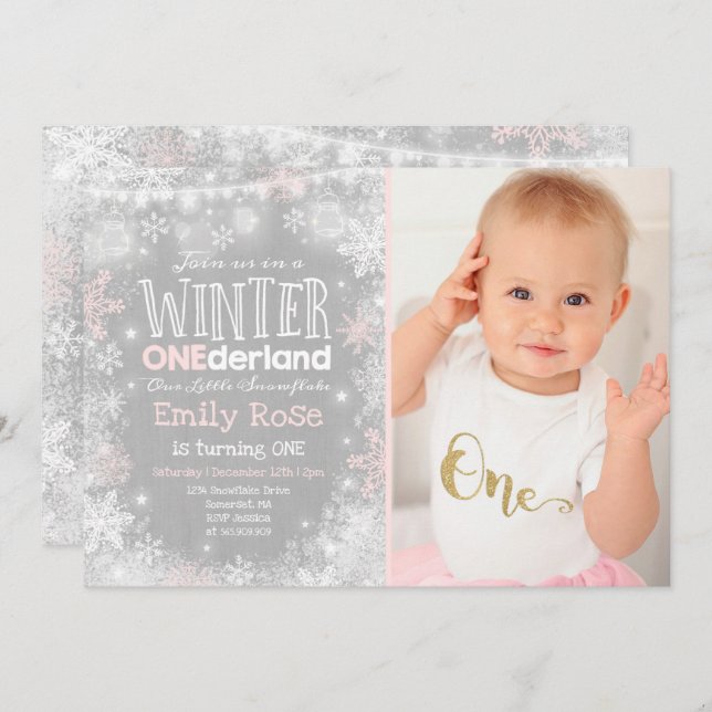 Winter ONEderland Birthday Invitation Pink White (Front/Back)
