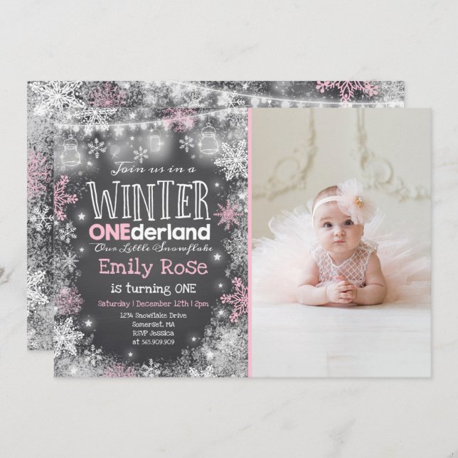 Winter ONEderland Birthday Invitation Pink White (Front/Back)