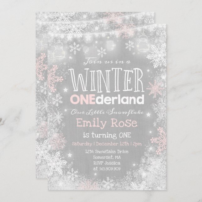 Winter ONEderland Birthday Invitation Pink White (Front/Back)