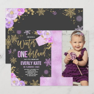 Winter ONEderland Birthday Invitation Purple Gold