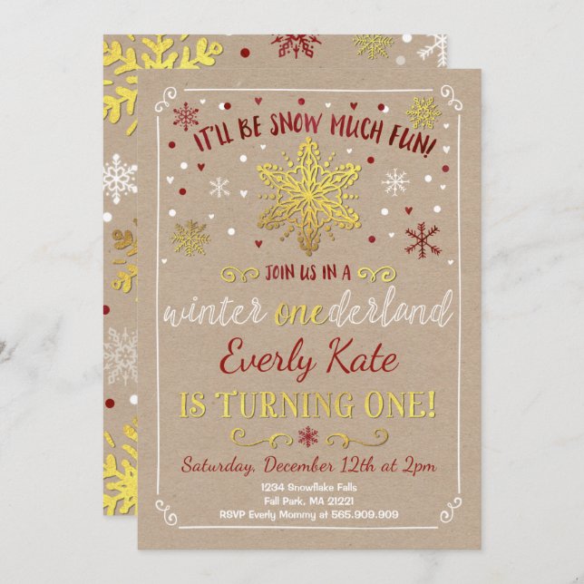 Winter ONEderland Birthday Invitation Red & Gold (Front/Back)