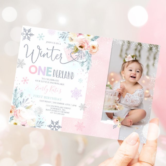 Winter ONEderland Birthday Invitation Silver Pink (Creator Uploaded)