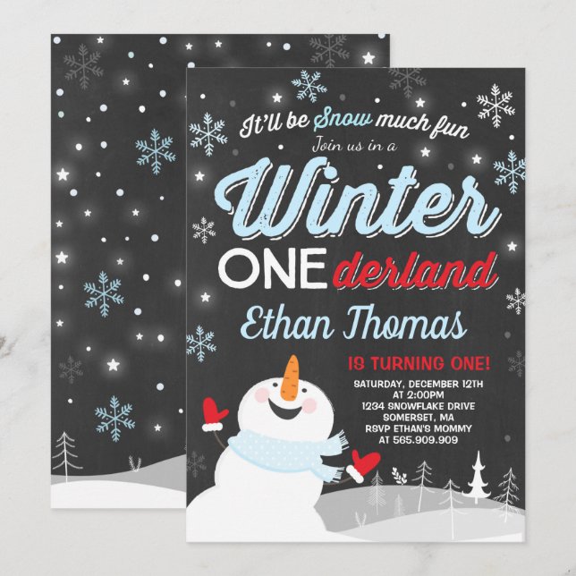 Winter ONEderland Birthday Invitation Snowman Blue (Front/Back)