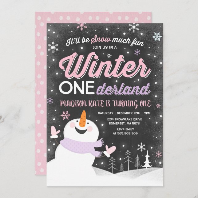 Winter ONEderland Birthday Invitation Snowman Pink (Front/Back)