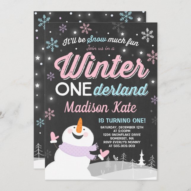 Winter ONEderland Birthday Invitation Snowman Pink (Front/Back)