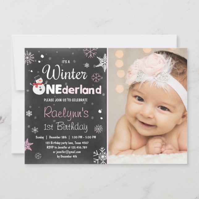 Winter Onederland birthday invitation snowman Pink (Front)