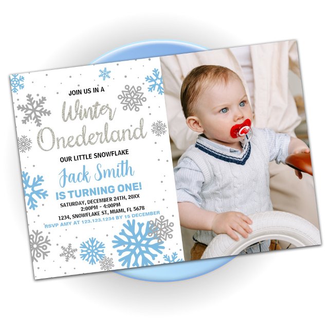Winter Onederland Birthday Invitations Blue Photo (Winter Onederland Birthday Invitations Blue Photo)